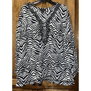 Dana Buchman Top Womens 2X Tunic Long Sleeve Zebra Print V-Neck‎ Blouse Side Zip